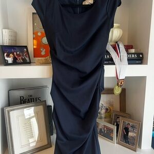 Nicole Miller Navy Ruched Cap-Sleeve Midi Dress